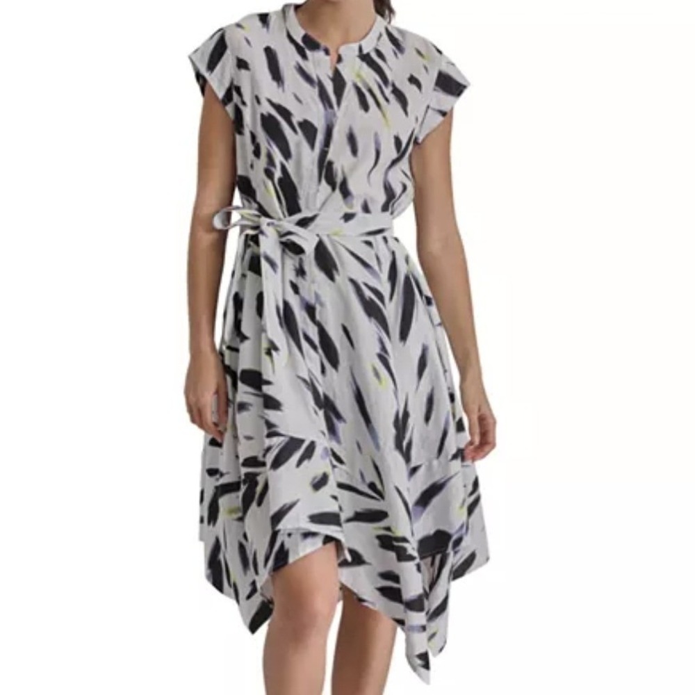 NWOT DKNY Pure Linen White Abstract Print Midi‎ Shirt Dress Belted Cap Sleeve